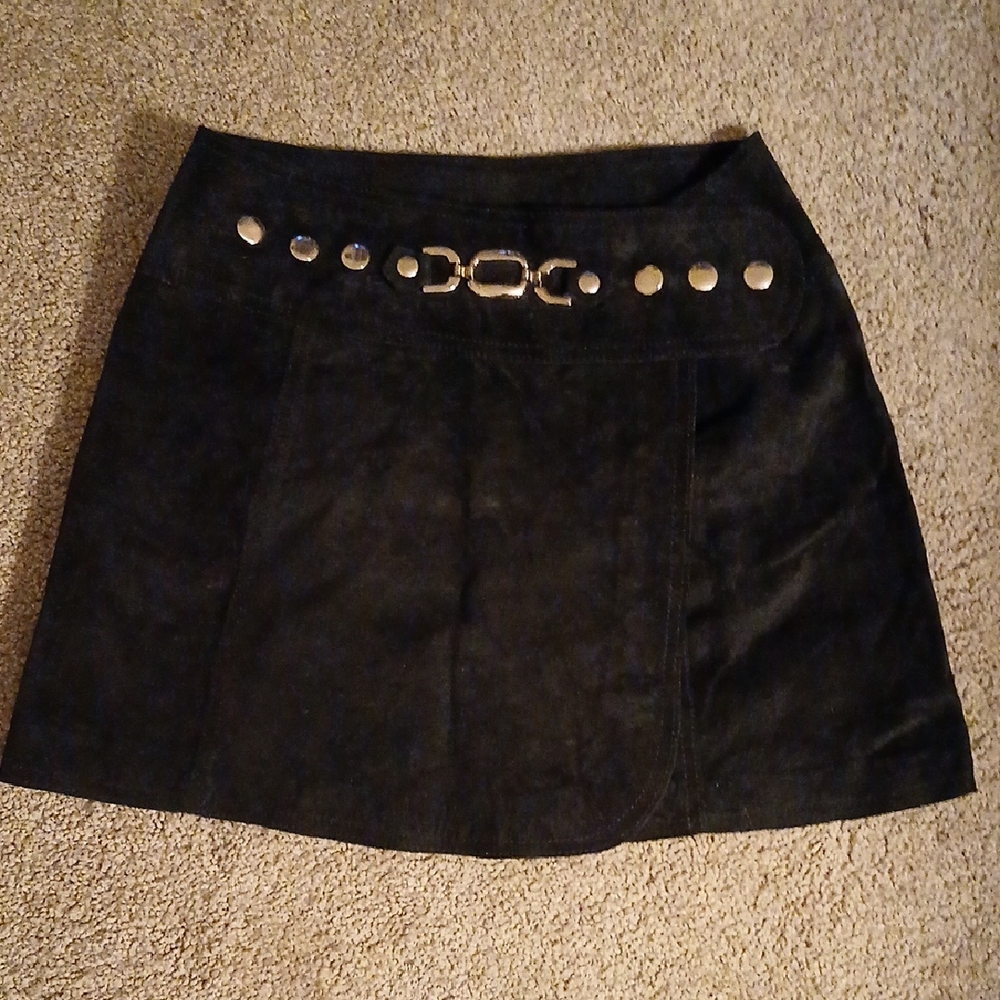 Bebe Black SUEDE Mini Skirt with Metallic Details, 0